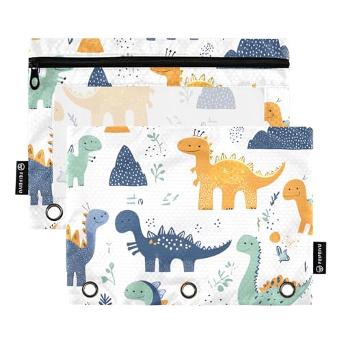 Quteprint Federmäppchen für 3-Ring-Ordner, niedliche Dinosaurier, verspieltes Dino, 2 Stück, mit Reißverschluss, mit transparentem Fenster und verstärkten Ösen für Ordner, Federmäppchen, Taschen von Quteprint