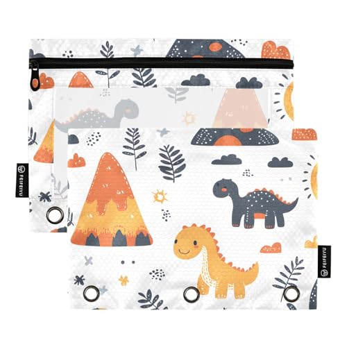 Quteprint Federmäppchen für 3-Ring-Ordner, niedliche Dinosaurier-Vulkane, 2 Stück, Reißverschluss-Federmäppchen mit transparentem Fenster und verstärkten Ösen für Ordner, Federmäppchen, Taschen von Quteprint