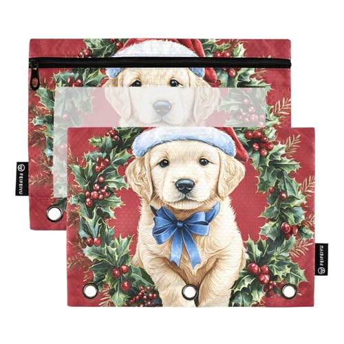 Quteprint Federmäppchen für 3-Ring-Ordner, niedlicher Hund, Welpen, Weihnachten, 2 Stück, Reißverschluss, Federmäppchen mit transparentem Fenster und verstärkten Ösen für Ordner, Federmäppchen von Quteprint