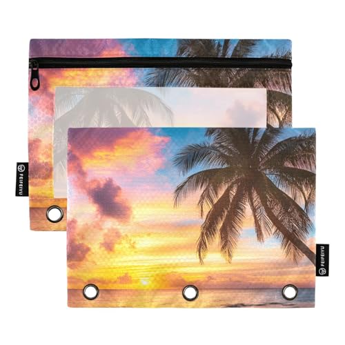 Quteprint Federmäppchen für 3-Ring-Ordner, tropischer Strand, Palme, 2 Stück, Reißverschluss, Federmäppchen mit transparentem Fenster und verstärkten Ösen für Ordner, Federmäppchen, Taschen, Organizer von Quteprint