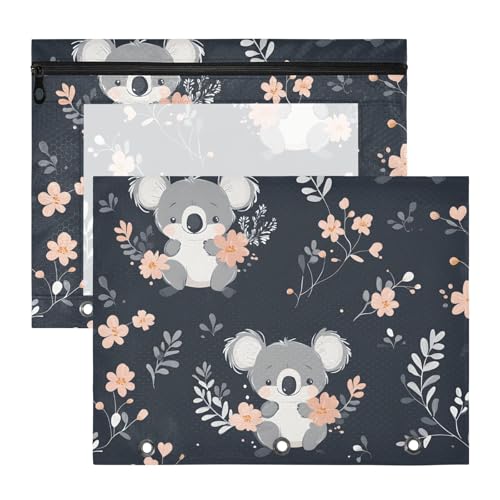 Quteprint Federmäppchen für 3-Ringbinder, Blume, Kawaii-Koalabär, Federmäppchen, A4, Dokumententasche mit Reißverschluss, transparentes Fenster, langlebig, Ordner-Organizer, große Kapazität für Schule von Quteprint