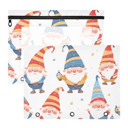 Quteprint Federmäppchen für 3-Ringbinder, Weihnachts-Cartoon-Zwergen-Muster, A4-Dokumententasche mit Reißverschluss, transparentes Fenster, langlebig, Ordner-Organizer, große Kapazität, für Schule von Quteprint