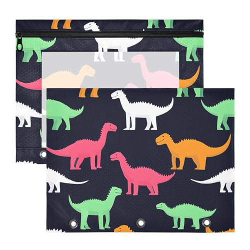 Quteprint Federmäppchen für 3-Ringbinder, bunte Dinosaurier-/Tiermuster, A4-Dokumententasche mit Reißverschluss, transparentes Fenster, langlebig, Ordner-Organizer, große Kapazität, für Schule, Büro von Quteprint