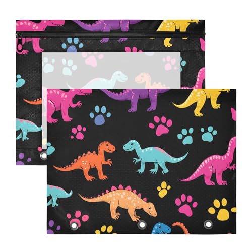 Quteprint Federmäppchen für 3-Ringbinder, bunte Dinosaurier-Pfotenabdruck-Ordner, Federmäppchen A4, Dokumententasche mit Reißverschluss, transparentes Fenster, langlebiger Ordner-Organizer, große von Quteprint