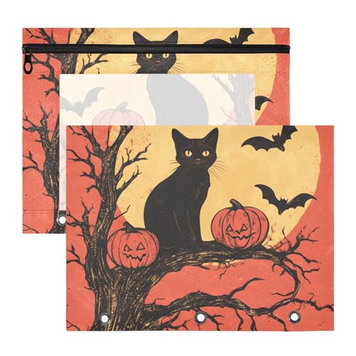 Quteprint Federmäppchen für 3-Ringbinder, gruseliges Halloween-Katzenbaum-Binder-Federmäppchen, A4-Dokumententasche mit Reißverschluss, transparentes Fenster, langlebiger Ordner-Organizer, große von Quteprint