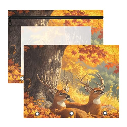 Quteprint Federmäppchen für 3-Ringbinder, zwei Hirsche, Herbstblätter, A4-Dokumententasche mit Reißverschluss, transparentes Fenster, langlebig, Ordner-Organizer, große Kapazität, für Schule, Büro von Quteprint