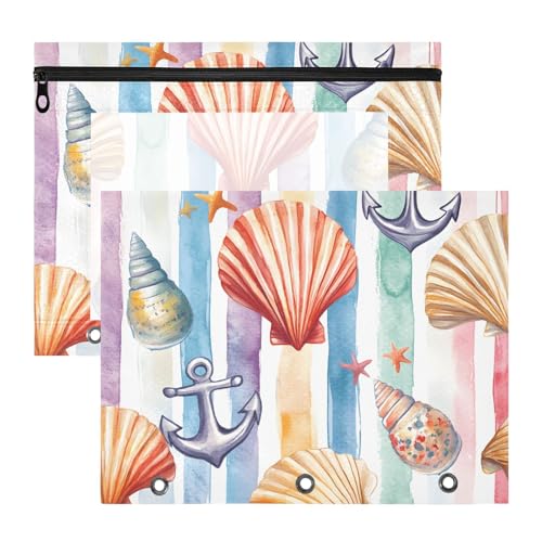 Quteprint Federmäppchen für 3-Ringbuch, Aquarell-Anker-Muscheln, Seestern-Ordner, A4-Dokumententasche mit Reißverschluss, transparentes Fenster, langlebig, Ordner-Organizer, große Kapazität, für von Quteprint