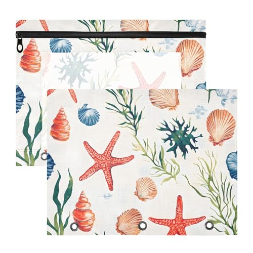Quteprint Federmäppchen für 3-Ringbuch, Aquarell-Muscheln, Seestern-Ordner, A4-Dokumententasche mit Reißverschluss, transparentes Fenster, langlebig, große Kapazität, für Schule, Offi, 2 Stück von Quteprint
