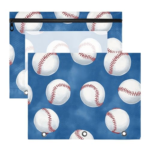 Quteprint Federmäppchen für 3-Ringbuch, Baseball-Muster, A4-Dokumententasche mit Reißverschluss, transparentes Fenster, langlebig, große Kapazität, für Schule, Büro, Make-up, 2 Stück von Quteprint