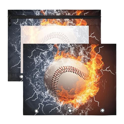 Quteprint Federmäppchen für 3-Ringbuch, Baseball auf Feuer, A4-Dokumententasche mit Reißverschluss, transparentes Fenster, langlebig, Ordner-Organizer, große Kapazität, für Schule, Büro, Make-up, 2 von Quteprint