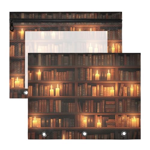 Quteprint Federmäppchen für 3-Ringbuch, Bibliotheksbücher, Kerzenlicht, A4-Dokumententasche mit Reißverschluss, transparentes Fenster, langlebig, Ordner-Organizer, große Kapazität, für Schule, Büro von Quteprint