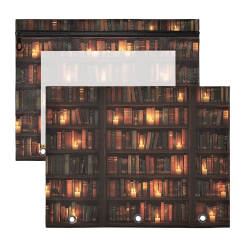 Quteprint Federmäppchen für 3-Ringbuch, Bibliothekswandbücher, Kerzenlicht, A4-Dokumententasche mit Reißverschluss, transparentes Fenster, langlebig, Ordner-Organizer, große Kapazität, für Schule von Quteprint
