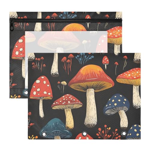 Quteprint Federmäppchen für 3-Ringbuch, Blätter-Pilz-Muster, A4-Dokumententasche mit Reißverschluss, transparentes Fenster, langlebig, große Kapazität, für Schule, Büro, Make-up, 2 Stück von Quteprint