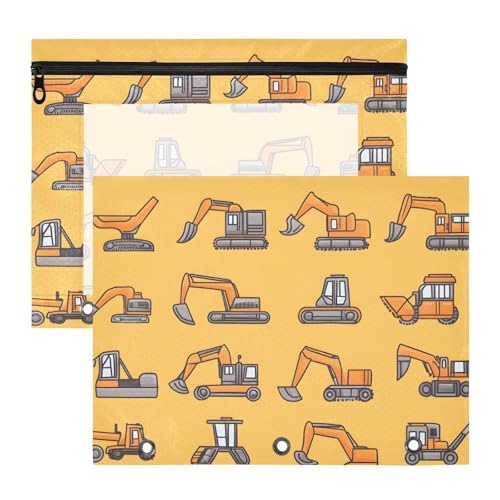 Quteprint Federmäppchen für 3-Ringbuch, Cartoon-Baukasten, Bagger-Binder-Federmäppchen, A4-Dokumententasche mit Reißverschluss, transparentes Fenster, langlebig, Ordner-Organizer, große Kapazität, für von Quteprint