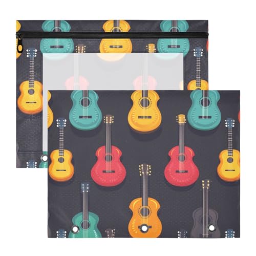 Quteprint Federmäppchen für 3-Ringbuch, Cartoon-Musik-Gitarre, A4-Dokumententasche mit Reißverschluss, transparentes Fenster, langlebig, Ordner-Organizer, große Kapazität, für Schule, Büro, Make-up, 2 von Quteprint