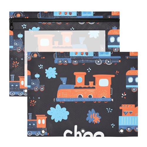 Quteprint Federmäppchen für 3-Ringbuch, Cartoon-Züge, A4-Dokumententasche mit Reißverschluss, transparentes Fenster, langlebig, große Kapazität, für Schule, Büro, Make-up, 2 Stück von Quteprint