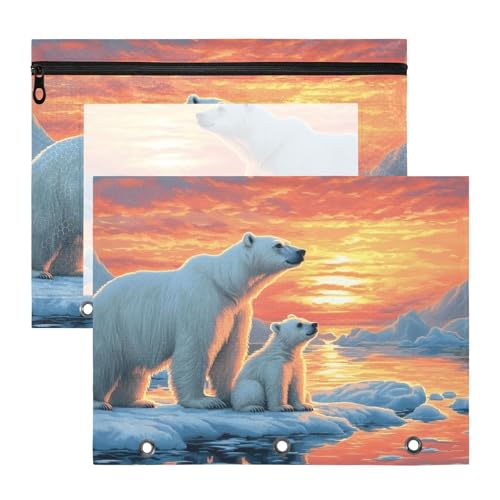 Quteprint Federmäppchen für 3-Ringbuch, Eisbär, Eisbär, Eiswasser, Sonnenuntergang, A4-Dokumententasche mit Reißverschluss, transparentes Fenster, langlebig, Ordner-Organizer, große Kapazität für von Quteprint
