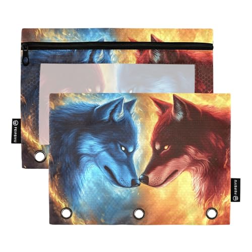 Quteprint Federmäppchen für 3-Ringbuch, Fire Two Wölfe, Wolf, 2 Stück, Reißverschluss, Federmäppchen mit transparentem Fenster und verstärkten Ösen für Ordner, Federmäppchen, Taschen, Organizer für Quteprint Federmäppchen für 3-Ringbuch, Fire Two Wölfe, Wolf, 2 Stück, Reißverschluss, Federmäppchen mit transparentem Fenster und verstärkten Ösen für Ordner, Federmäppchen, Taschen, Organizer für von Quteprint