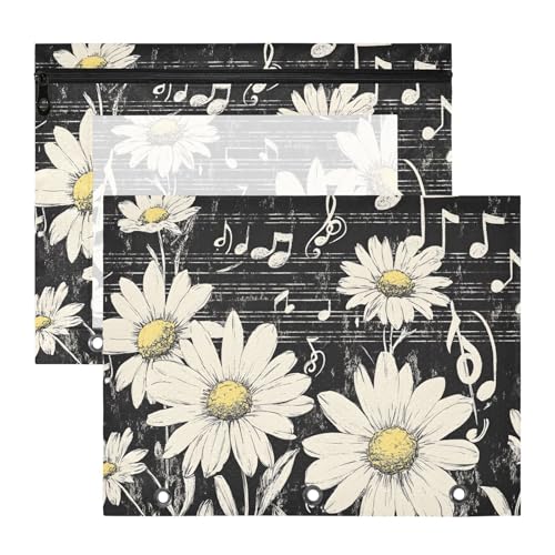 Quteprint Federmäppchen für 3-Ringbuch, Gänseblümchen, Musiknoten, gestreift, Retro-Bindemappe, A4-Dokumententasche mit Reißverschluss, transparentes Fenster, langlebig, Ordner-Organizer, große von Quteprint