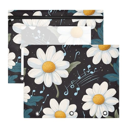 Quteprint Federmäppchen für 3-Ringbuch, Gänseblümchen-Blumenmuster, Musiknoten, A4-Dokumententasche mit Reißverschluss, transparentes Fenster, langlebig, Ordner-Organizer, große Kapazität, für Schule von Quteprint