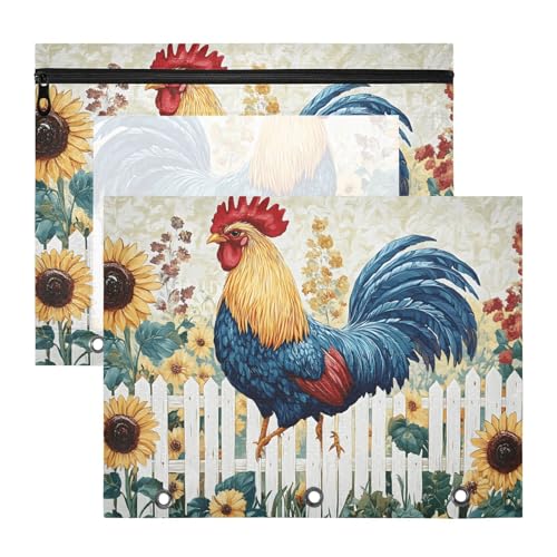 Quteprint Federmäppchen für 3-Ringbuch, Garten-Hahn, Sonnenblumen, A4-Dokumententasche mit Reißverschluss, transparentes Fenster, langlebig, Ordner-Organizer, große Kapazität, für Schule, Büro, Mak, 2 von Quteprint