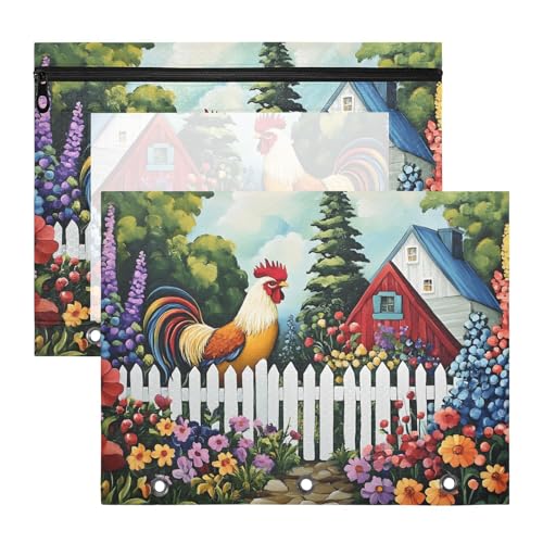 Quteprint Federmäppchen für 3-Ringbuch, Hahn-Blumen, Garten, Kunst, A4-Dokumententasche mit Reißverschluss, transparentes Fenster, langlebig, Ordner-Organizer, große Kapazität für Schule, Büro von Quteprint