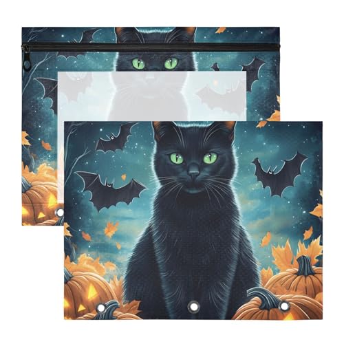 Quteprint Federmäppchen für 3-Ringbuch, Halloween-Katze, Kürbis, Fledermäuse, Sterne, A4-Dokumententasche mit Reißverschluss, transparentes Fenster, langlebig, Ordner-Organizer, große Kapazität, für von Quteprint