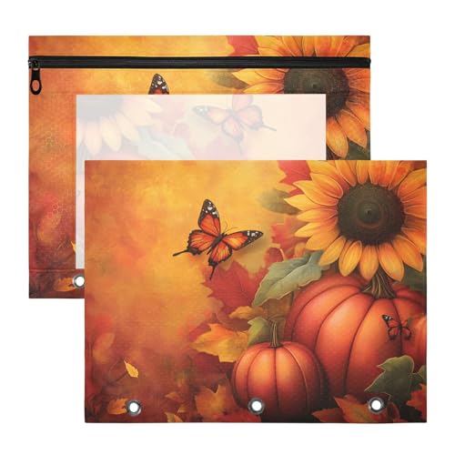 Quteprint Federmäppchen für 3-Ringbuch, Herbst-Kürbis-Schmetterling, Sonnenblumen, A4-Dokumententasche mit Reißverschluss, transparentes Fenster, langlebig, Ordner-Organizer, große Kapazität, für Quteprint Federmäppchen für 3-Ringbuch, Herbst-Kürbis-Schmetterling, Sonnenblumen, A4-Dokumententasche mit Reißverschluss, transparentes Fenster, langlebig, Ordner-Organizer, große Kapazität, für von Quteprint
