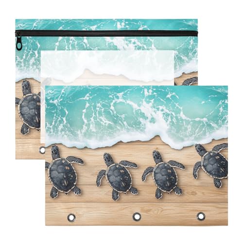 Quteprint Federmäppchen für 3-Ringbuch, Holz-Schildkröte, A4-Dokumententasche mit Reißverschluss, transparentes Fenster, langlebig, große Kapazität, für Schule, Büro, Make-up, 2 Stück von Quteprint