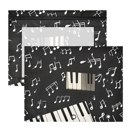 Quteprint Federmäppchen für 3-Ringbuch, Klavier-Musiknoten, A4-Dokumententasche mit Reißverschluss, transparentes Fenster, langlebig, große Kapazität, für Schule, Büro, Make-up, 2 Stück von Quteprint