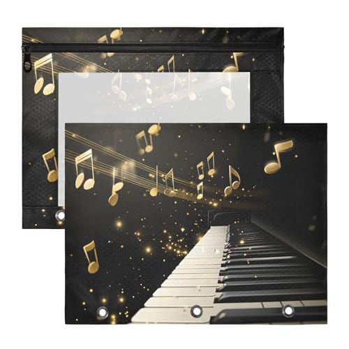 Quteprint Federmäppchen für 3-Ringbuch, Klavier-Musiknoten, goldfarben, A4-Dokumententasche mit Reißverschluss, transparentes Fenster, langlebig, Ordner-Organizer, große Kapazität für Schule, Büro von Quteprint