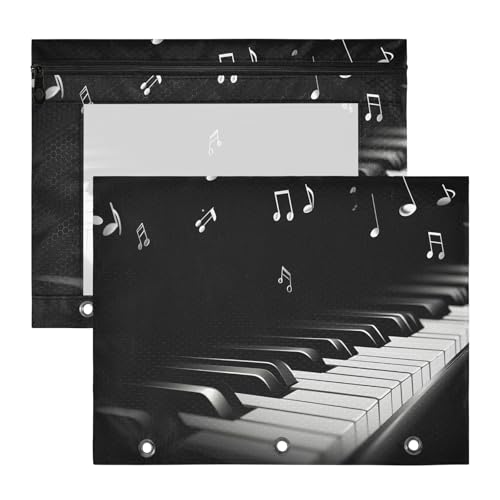 Quteprint Federmäppchen für 3-Ringbuch, Klaviertasten, Musiknoten, A4-Dokumententasche mit Reißverschluss, transparentes Fenster, langlebig, Ordner-Organizer, große Kapazität, für Schule, Büro von Quteprint