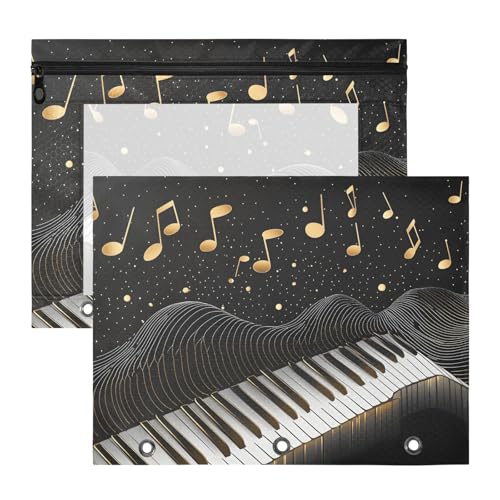 Quteprint Federmäppchen für 3-Ringbuch, Klaviertasten, goldfarben, Musiknoten, A4-Dokumententasche mit Reißverschluss, transparentes Fenster, langlebig, Ordner-Organizer, große Kapazität, für Schule von Quteprint