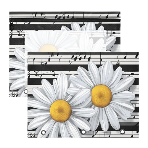 Quteprint Federmäppchen für 3-Ringbuch, Musiknoten, Blume, Gänseblümchen, A4-Dokumententasche mit Reißverschluss, transparentes Fenster, langlebig, Ordner-Organizer, große Kapazität, für Schule, Büro von Quteprint