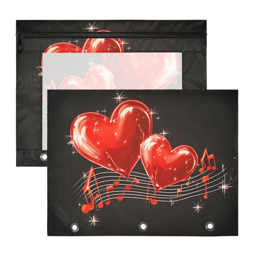 Quteprint Federmäppchen für 3-Ringbuch, Musiknoten, rote Herzen, A4-Dokumententasche mit Reißverschluss, transparentes Fenster, langlebig, Ordner-Organizer, große Kapazität, für Schule, Büro, Make-up von Quteprint