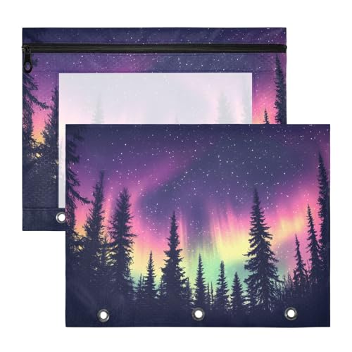 Quteprint Federmäppchen für 3-Ringbuch, Nordlichter, Galaxie, Himmel, Wald, A4-Dokumententasche mit Reißverschluss, transparentes Fenster, langlebig, Ordner-Organizer, große Kapazität, für Schule von Quteprint