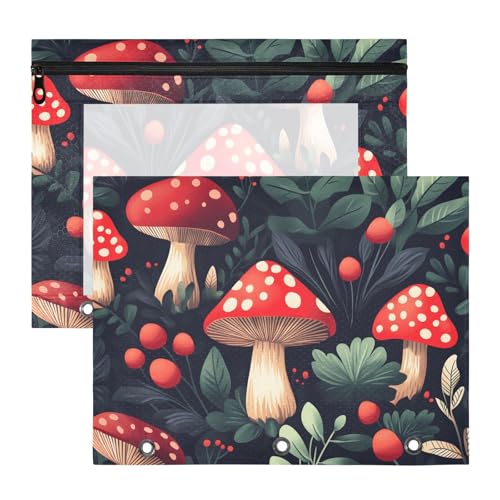 Quteprint Federmäppchen für 3-Ringbuch, Pilze, waldgrüne Blätter, A4-Dokumententasche mit Reißverschluss, transparentes Fenster, langlebig, Ordner-Organizer, große Kapazität, für Schule, Büro, Make-up von Quteprint