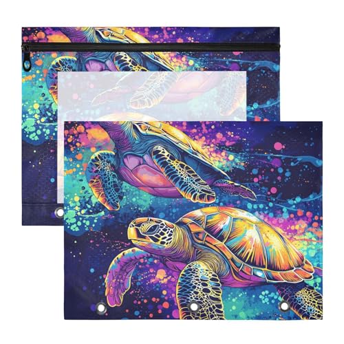 Quteprint Federmäppchen für 3-Ringbuch, Regenbogen-Meeresschildkröte, A4-Dokumententasche mit Reißverschluss, transparentes Fenster, langlebig, Ordner-Organizer, große Kapazität für Schule, Büro von Quteprint