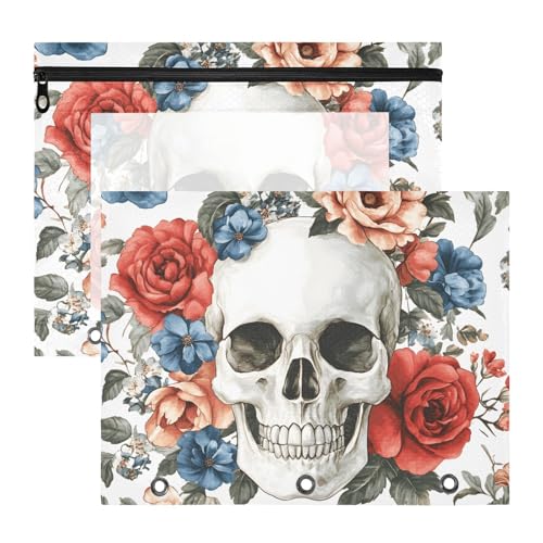 Quteprint Federmäppchen für 3-Ringbuch, Rosen-Blumen, Totenkopf-Binder, Federmäppchen, A4-Dokumententasche mit Reißverschluss, transparentes Fenster, langlebig, Ordner-Organizer, große Kapazität für von Quteprint