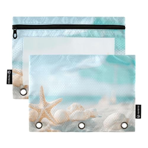 Quteprint Federmäppchen für 3-Ringbuch, Sandstrand Muscheln Seestern, 2 Stück, Reißverschluss, Federmäppchen mit transparentem Fenster und verstärkten Ösen für Ordner, Federmäppchen, Taschen von Quteprint