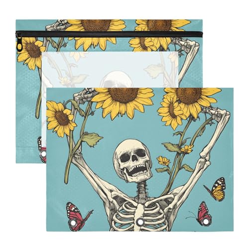 Quteprint Federmäppchen für 3-Ringbuch, Skelett-Schädel, Schmetterling, Sonnenblumen, A4-Dokumententasche mit Reißverschluss, transparentes Fenster, langlebig, Ordner-Organizer, große Kapazität, für von Quteprint