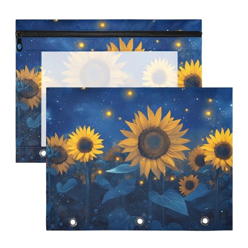 Quteprint Federmäppchen für 3-Ringbuch, Sternennacht, Sommer, Sonnenblume, A4-Dokumententasche mit Reißverschluss, transparentes Fenster, langlebig, Ordner-Organizer, große Kapazität für Schule, Büro von Quteprint