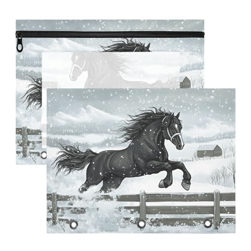 Quteprint Federmäppchen für 3-Ringbuch, Winter-Schneepferd, A4-Dokumententasche mit Reißverschluss, transparentes Fenster, langlebig, Ordner-Organizer, große Kapazität, für Schule, Büro, Make-up, 2 von Quteprint