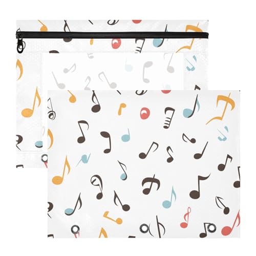 Quteprint Federmäppchen für 3-Ringbuch, bunte Musiknoten, A4-Dokumententasche mit Reißverschluss, transparentes Fenster, langlebig, große Kapazität, für Schule, Büro, Make-up, 2 Stück von Quteprint