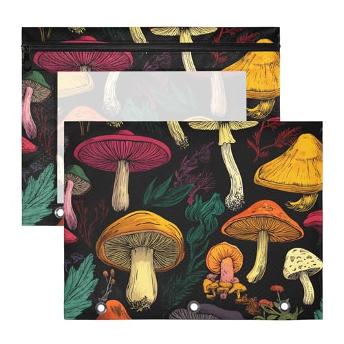 Quteprint Federmäppchen für 3-Ringbuch, bunte Pilzblätter, A4-Dokumententasche mit Reißverschluss, transparentes Fenster, langlebig, große Kapazität, für Schule, Büro, Make-up, 2 Stück von Quteprint