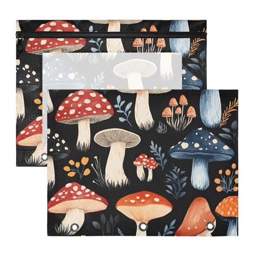 Quteprint Federmäppchen für 3-Ringbuch, bunte Pilzblätter, A4-Dokumententasche mit Reißverschluss, transparentes Fenster, langlebig, große Kapazität, für Schule, Büro, Make-up, 2 Stück von Quteprint