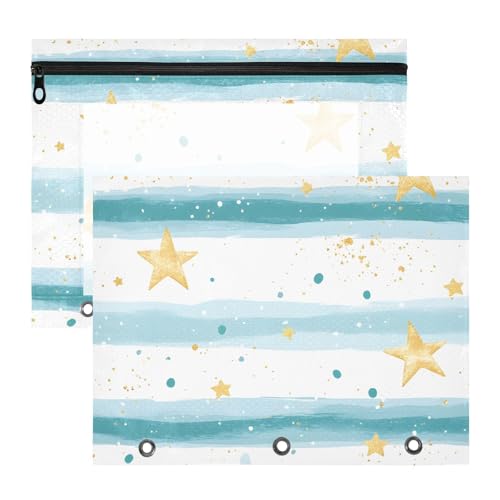Quteprint Federmäppchen für 3-Ringbuch, gestreift, goldene Sterne, A4-Dokumententasche mit Reißverschluss, transparentes Fenster, langlebig, Ordner-Organizer, große Kapazität, für Schule, Büro von Quteprint