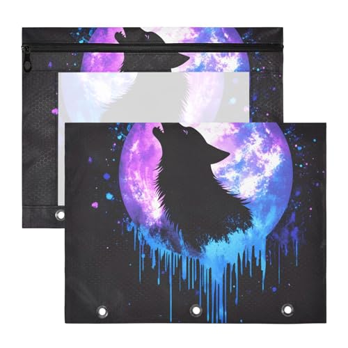 Quteprint Federmäppchen für 3-Ringbuch, heulender Wolf, Mond, Kunst-Bindemappe, A4-Dokumententasche mit Reißverschluss, transparentes Fenster, langlebig, Ordner-Organizer, große Kapazität für Schule von Quteprint