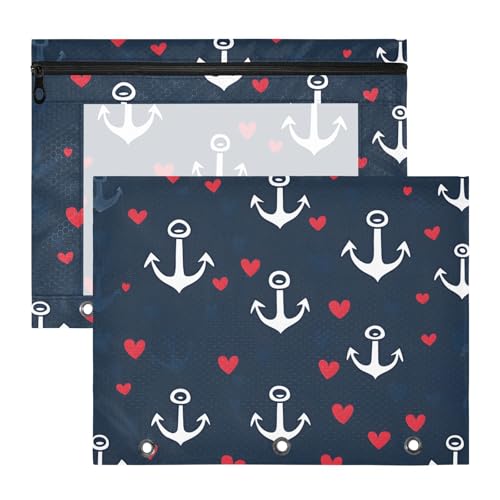Quteprint Federmäppchen für 3-Ringbuch, marineblau, Anker-Herzen, A4-Dokumententasche mit Reißverschluss, transparentes Fenster, langlebig, Ordner-Organizer, große Kapazität für Schule, Büro, Make-up von Quteprint