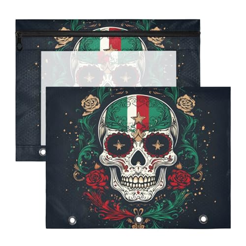 Quteprint Federmäppchen für 3-Ringbuch, mexikanische Flagge, Totenkopf-Blume, A4-Dokumententasche mit Reißverschluss, transparentes Fenster, langlebig, Ordner-Organizer, große Kapazität für Schule von Quteprint